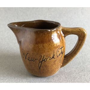 Vintage New York City Souvenir Miniature Brown Glazed Pottery Pitcher / Jug 2.5"